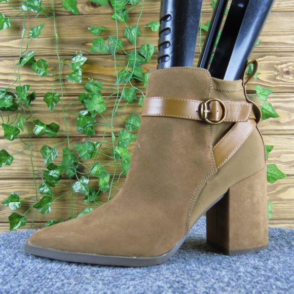 Womens Celia Tan Faux Suede Ankle Boots Buckle Strap Chunky Heel 9.5M - Picture 1 of 8